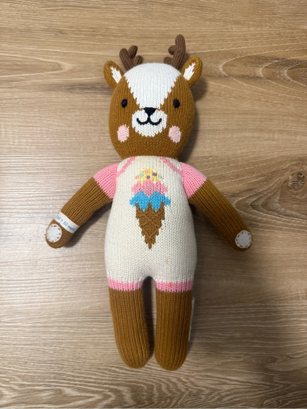 Knit Deer Plush Toy with Pink & Brown Ice Cream Motif - Unknown Brand